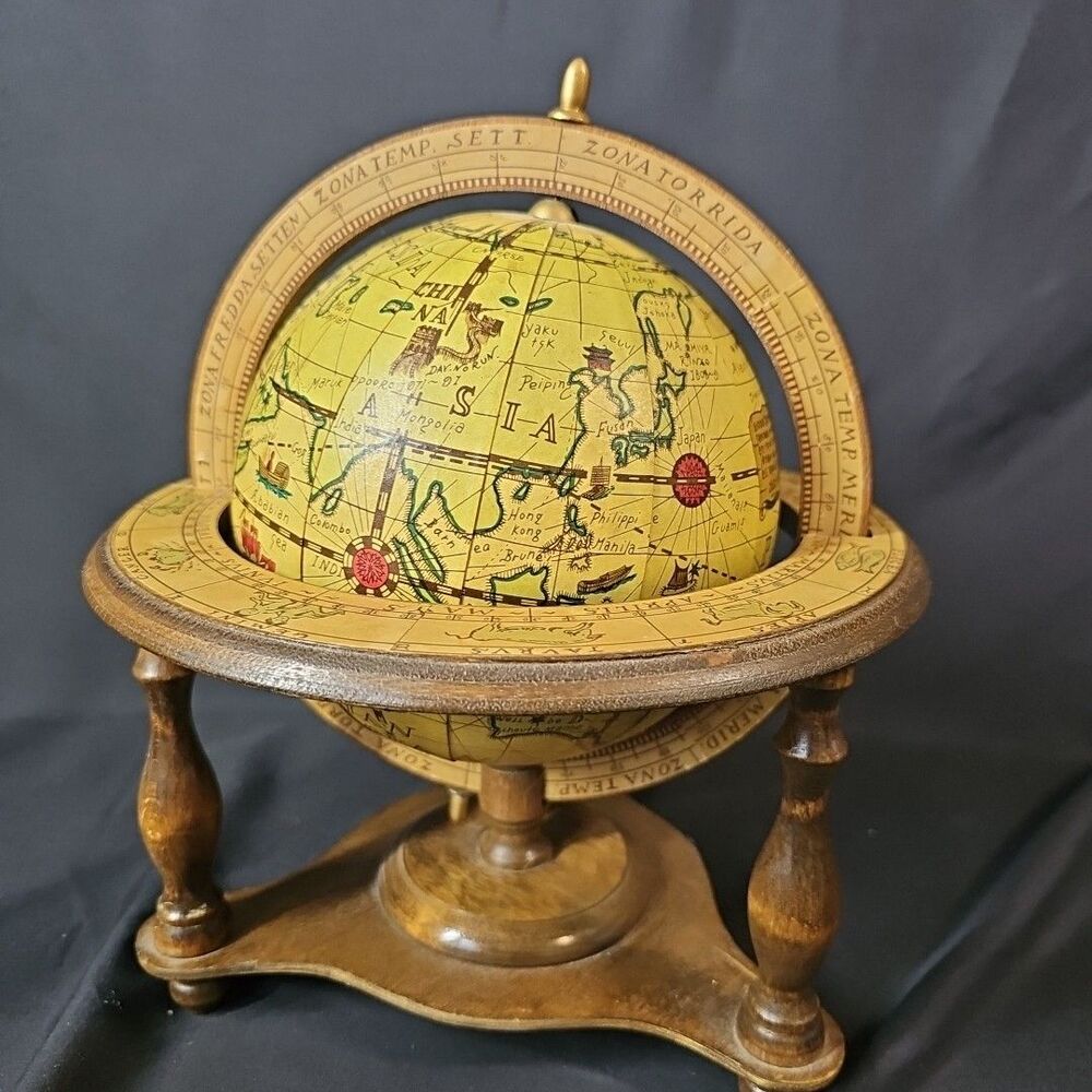Vintage Gambles Import Globe Tabletop Spinning Wooden Zodiac Countries Japan